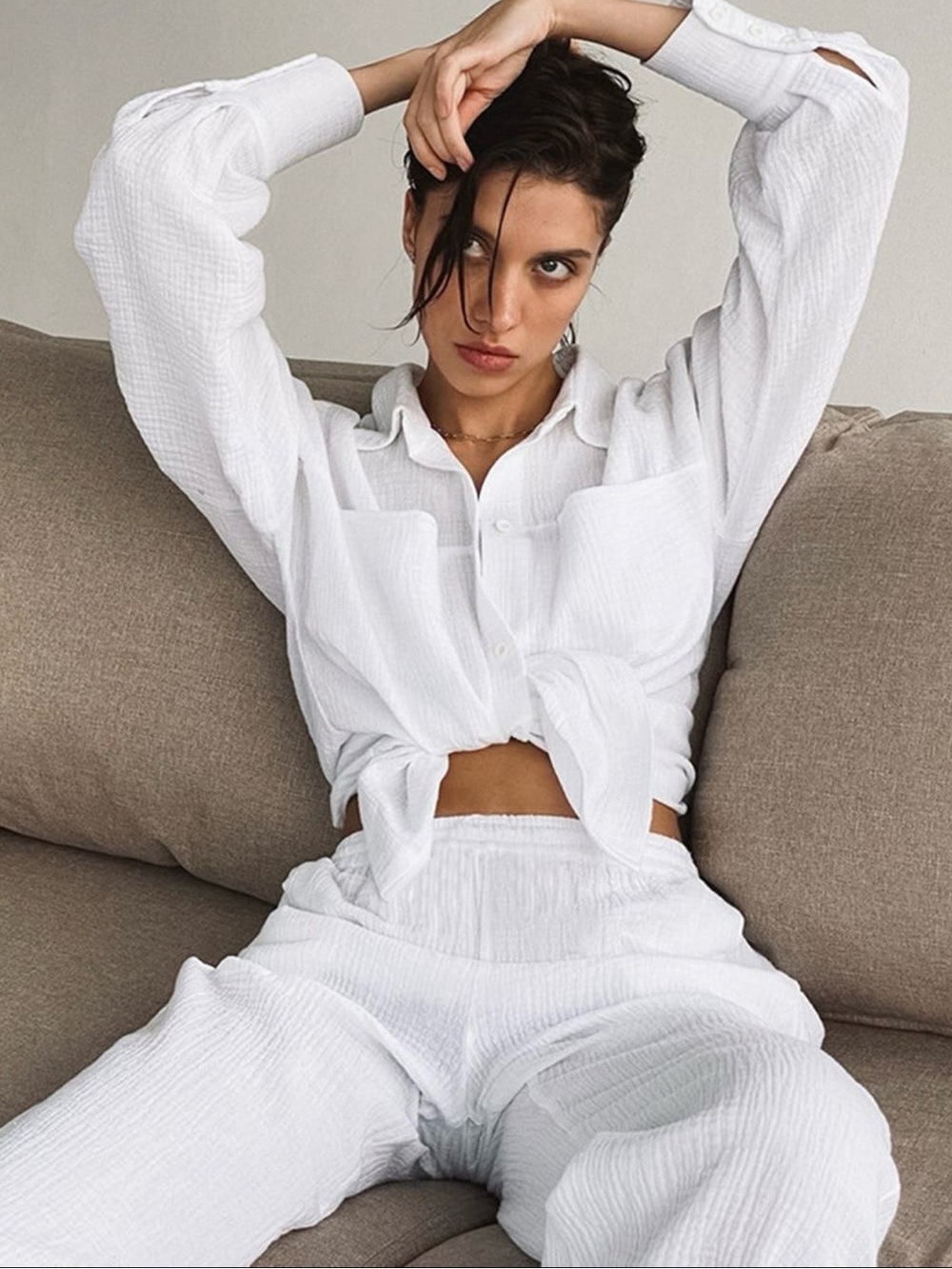 Commense White Wide-Leg Cotton-Blend Pants - Picture 3 of 4